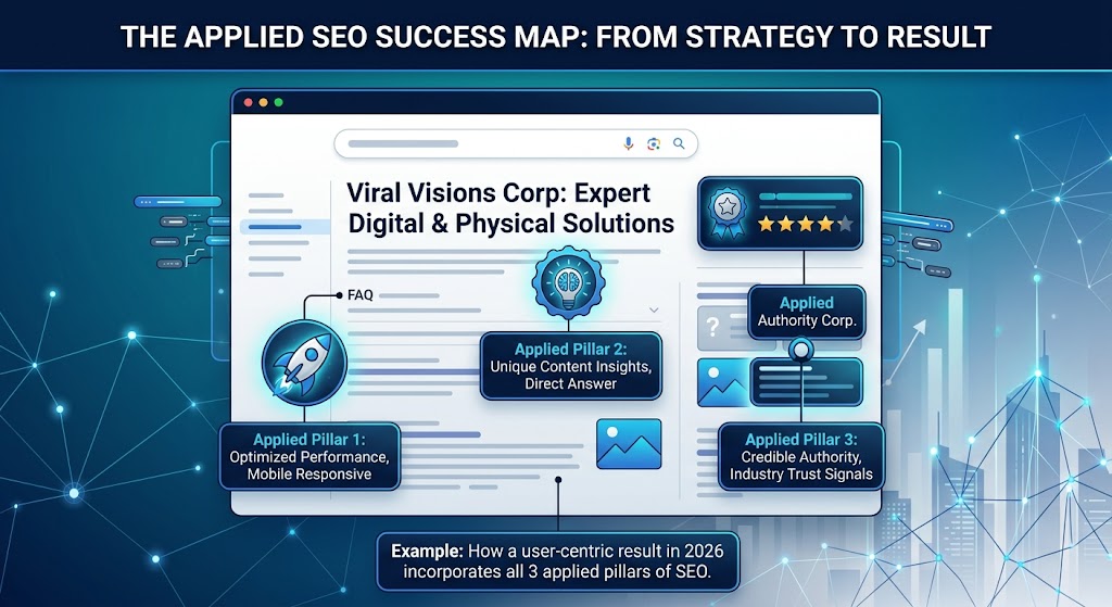 The Applied SEO Success Map showing the three pillars in a real SERP