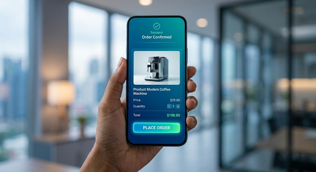 A hand holding a smartphone showing a polished order confirmation screen