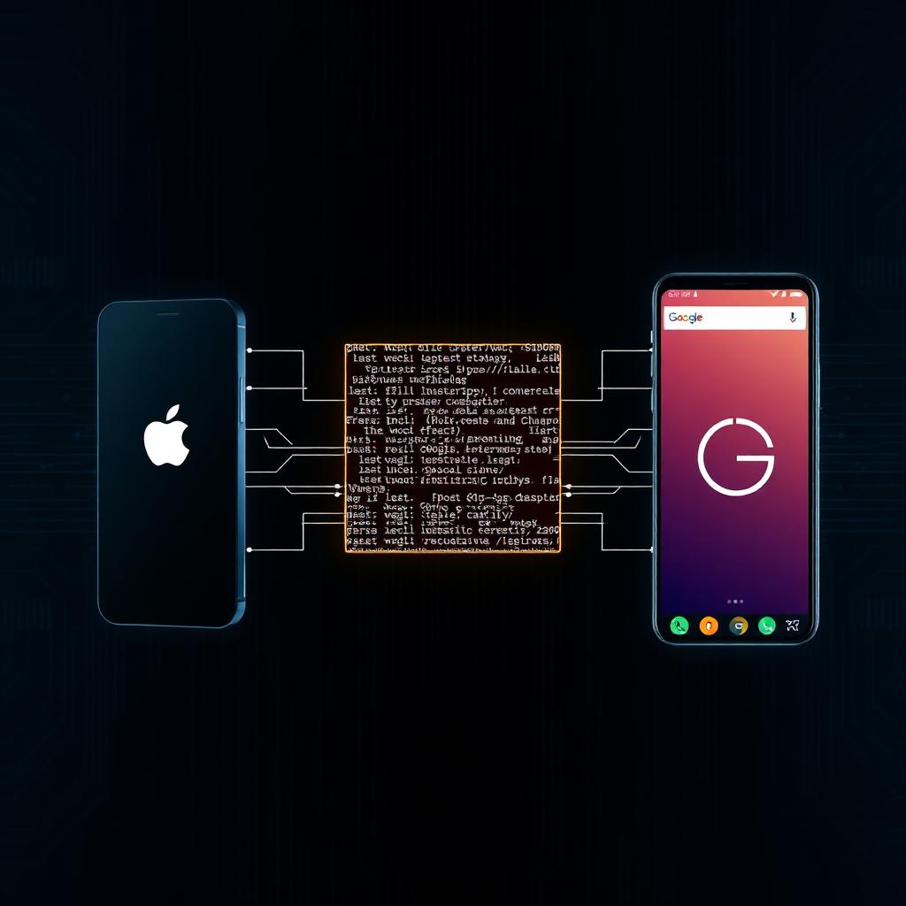 A unified block of code branching into an iPhone and an Android phone